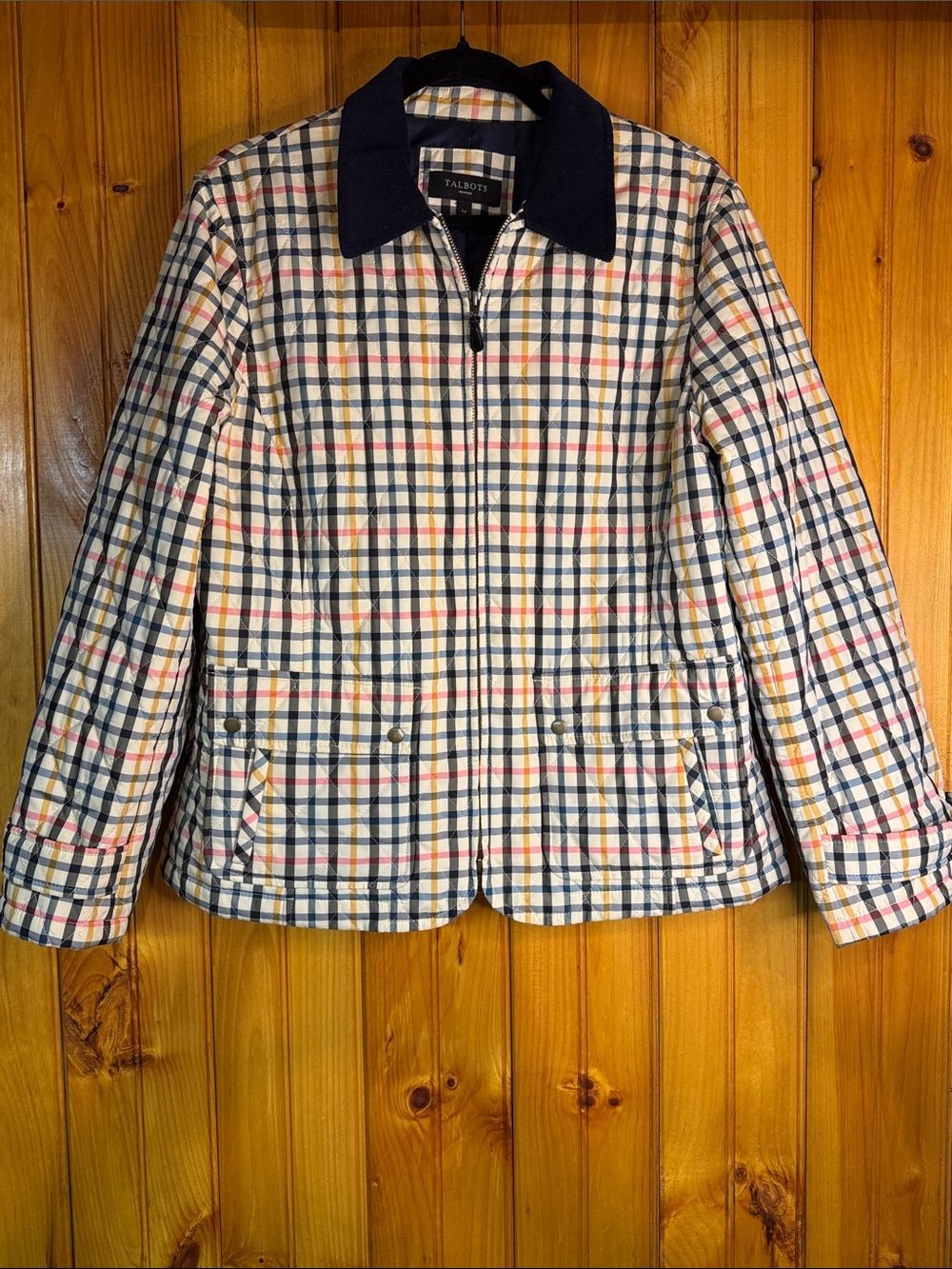Talbots Quilted Plaid Jacket in Navy, Cream, Yellow, Pink